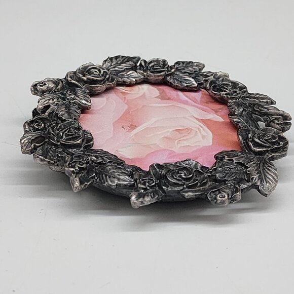 Vintage Pewter Picture Frame Round Rose Design Decorative Tabletop Display - Picture 11 of 11